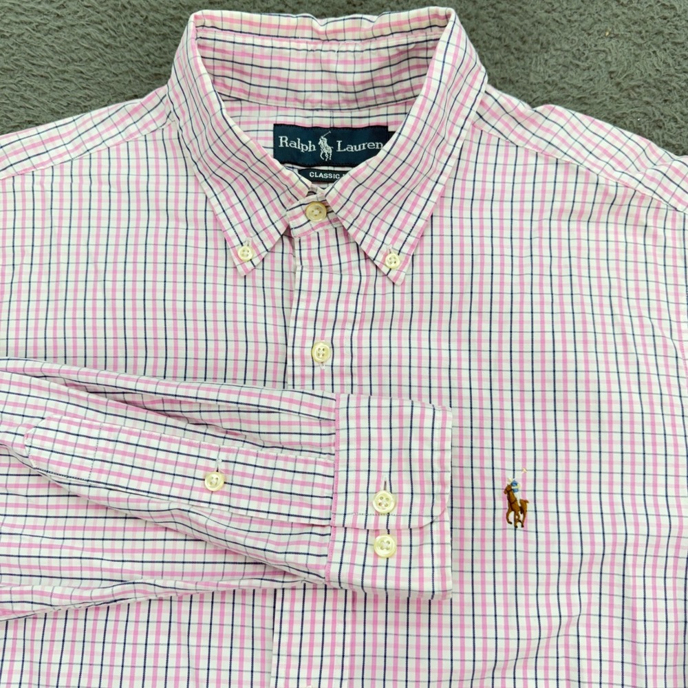 Ralph Lauren Button Down Shirt Mens 15.5 Pink Blue Check Classic Fit Long Sleeve